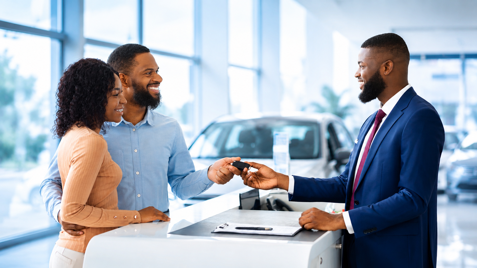 Rental agent handing vehicle keys to happy car rental customers at the counter